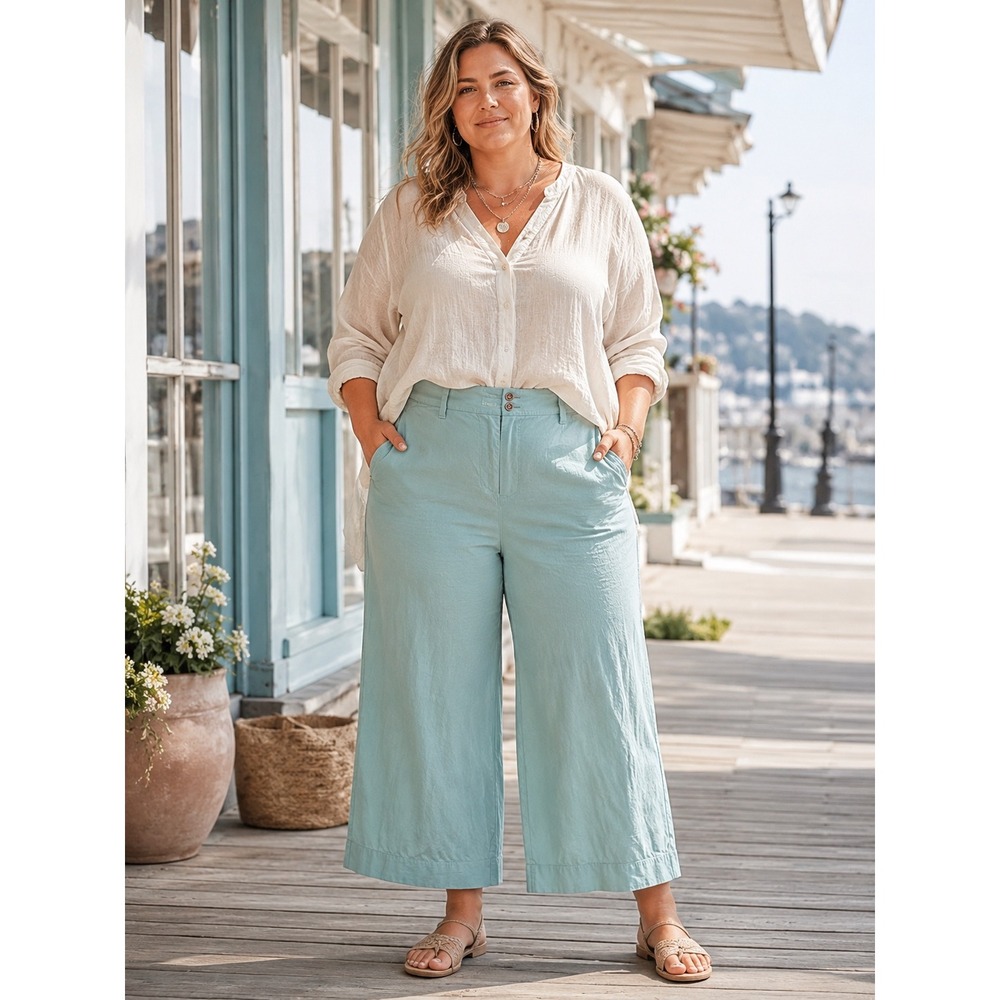 J.Jill Linen Stretch Wide Leg Crop Pants XL Aqua Coastal Lagenlook
